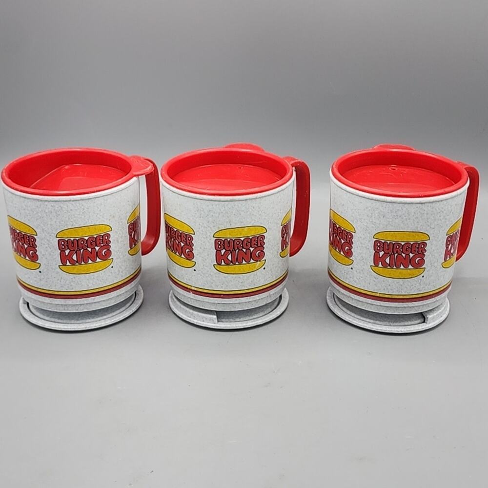 Vintage 80s Burger King Plastic Travel Coffee Mug Lot of 3 & Lids & Saucers